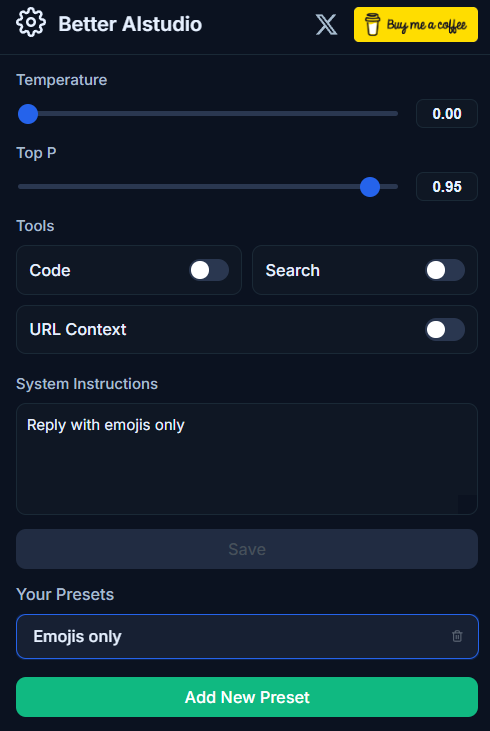 Better AIstudio Extension Settings Panel - Customize AIstudio Temperature, System Instructions, and Configuration Options